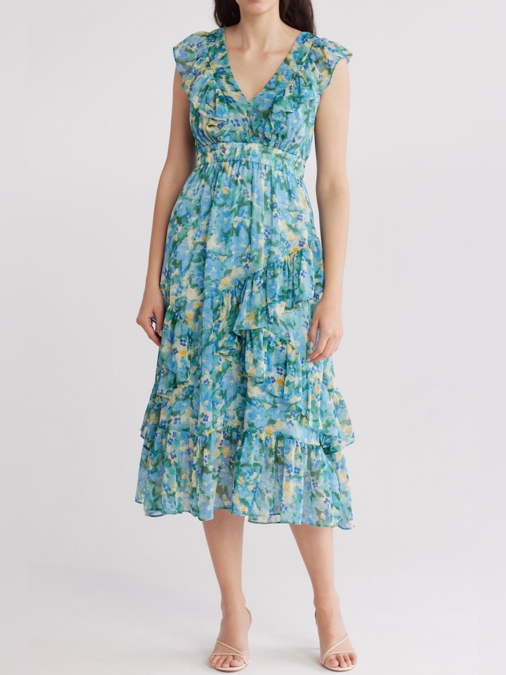 NWT  Melloday  Blue & Green Shimmery Floral Flutter Sleeve Tiered Dress - M